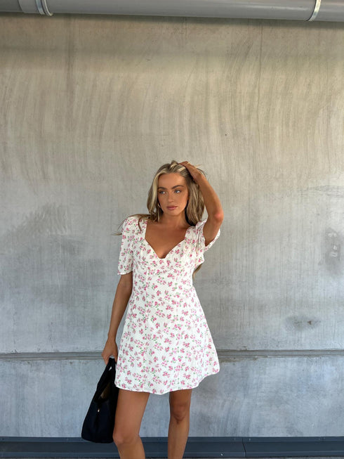 Lola Skater Mini-Dress - Cream-Pink Bouquet